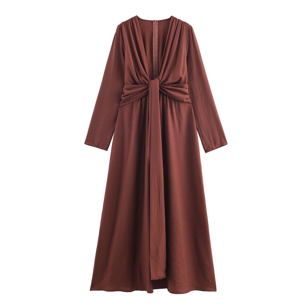 Deep V-neck long sleeved waist cinched pleated long skirt dress for women