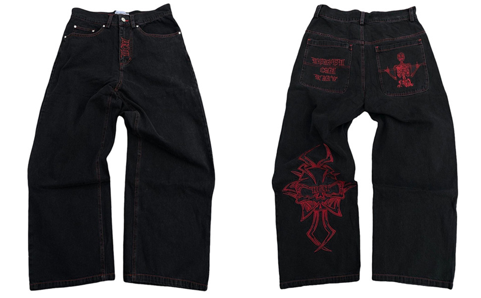 Retro hip-hop goth straight leg loose wide leg skeleton embroidered washed denim jeans for men