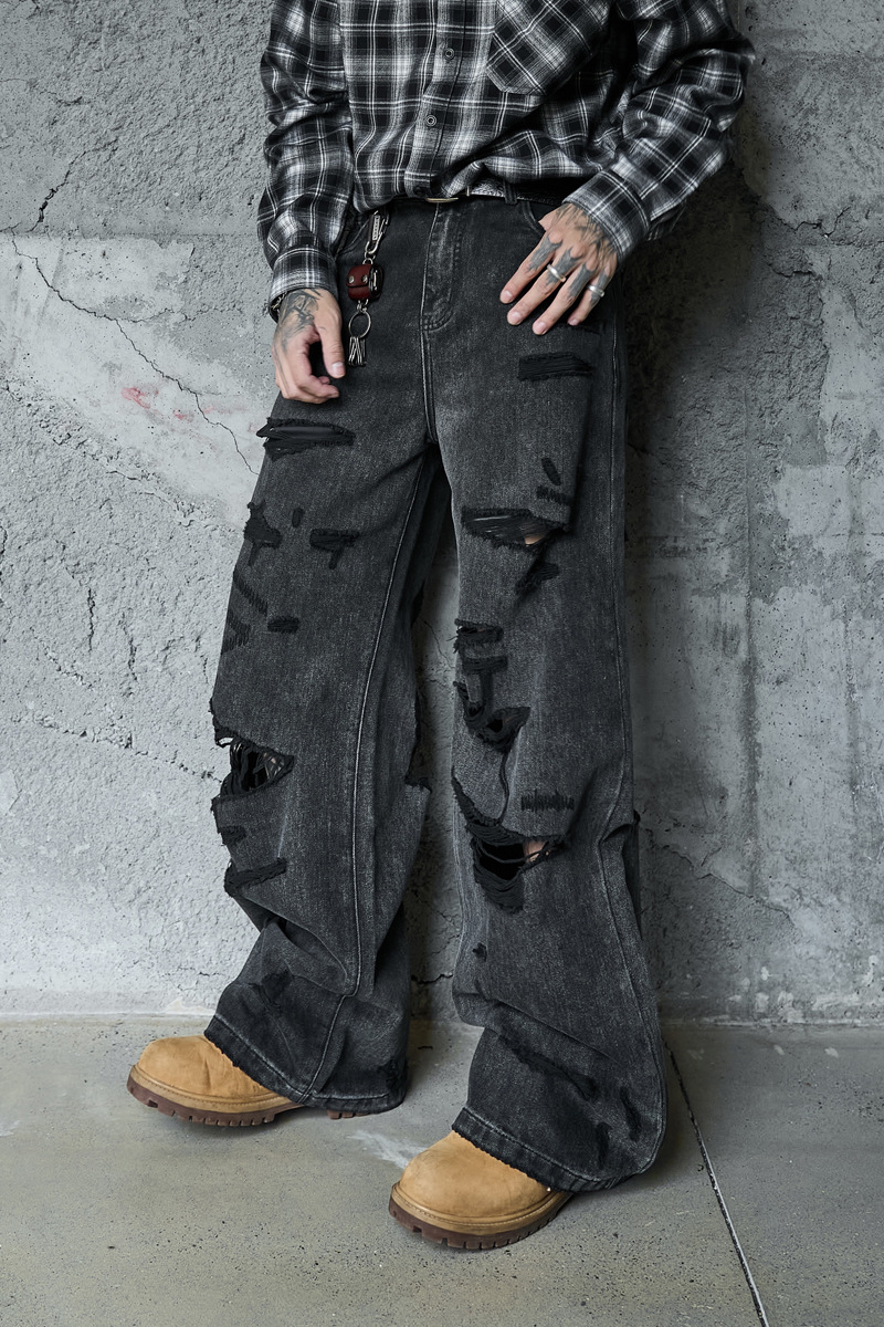 Denim Pants Loose Wide Leg Men High Street Post-Apocalyptic Style Ripped Design Plus Size Trendy Brand Original Dark Hip Hop Straight Leg Pants