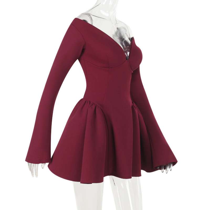Curve-Defining Flared V-Neck Full Sleeve Dress