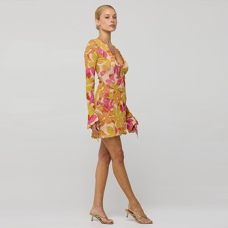 V-Neck Flared-Cuff High-Waist Belted Mini Dress