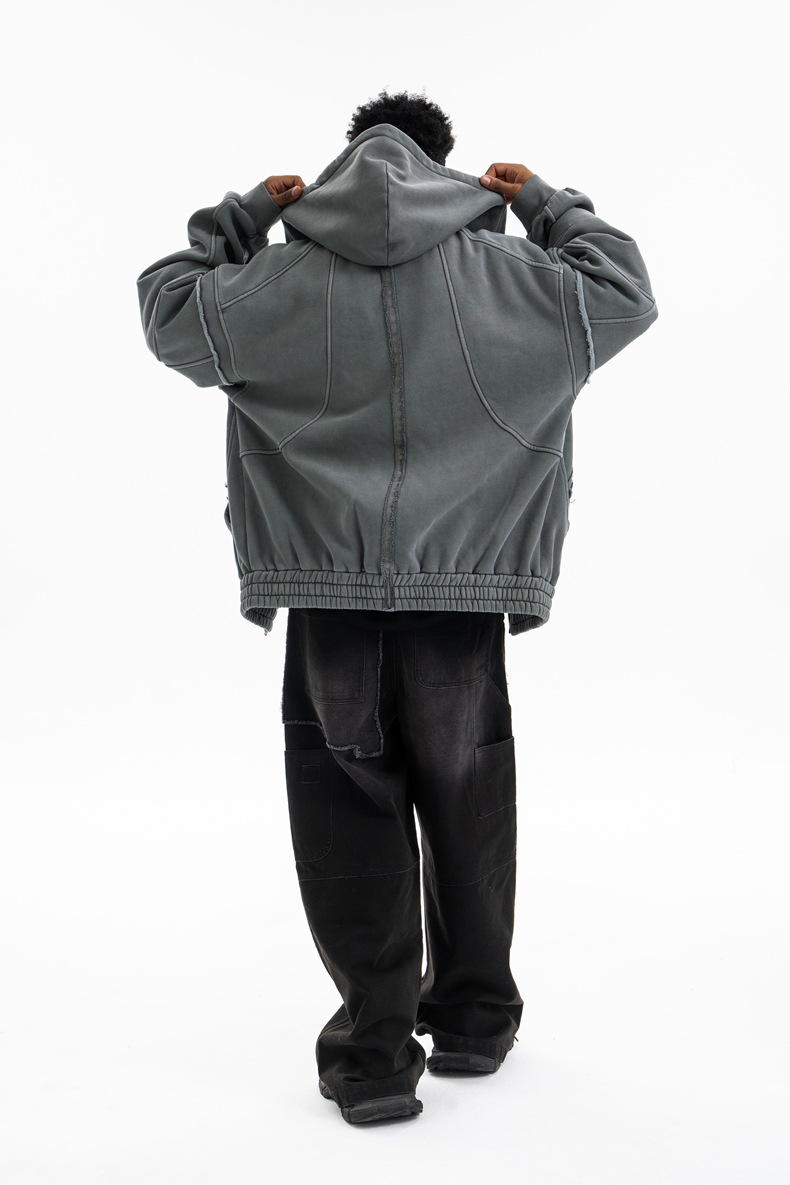 Utility Distressed Cotton Insulated Full-Zipper Embroidery Hoodie