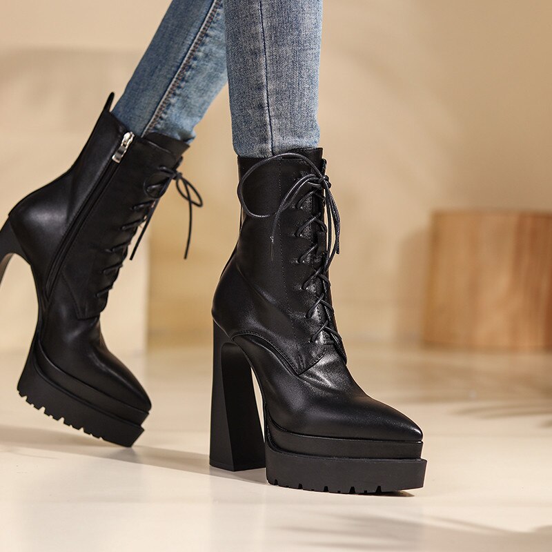 Autumn Winter Women Ankle Boots Elegant Office Ladies Party High Heels Pointed Toe Platforms Genuine Leather Shoes
