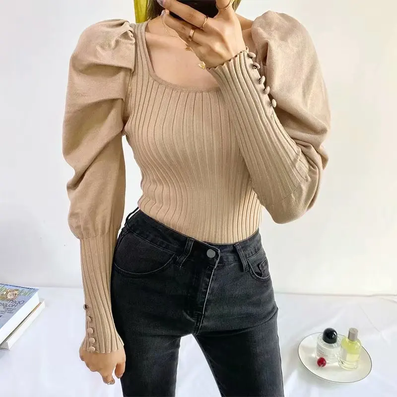 Ladies Knit Plain Geometric Neckline Puffy Sleeves Jumpsuit