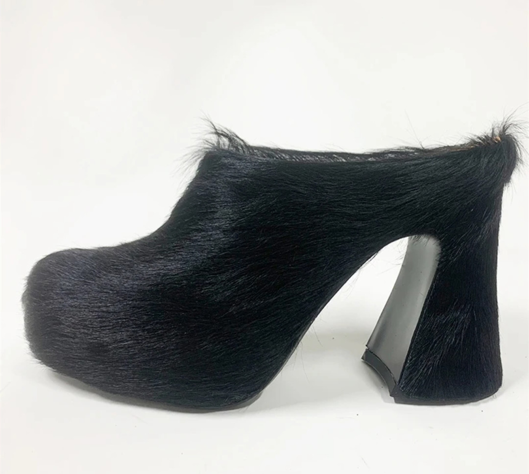 Round headed candy colored genuine leather horse hair with raised height inside casual lazy half slippers for women