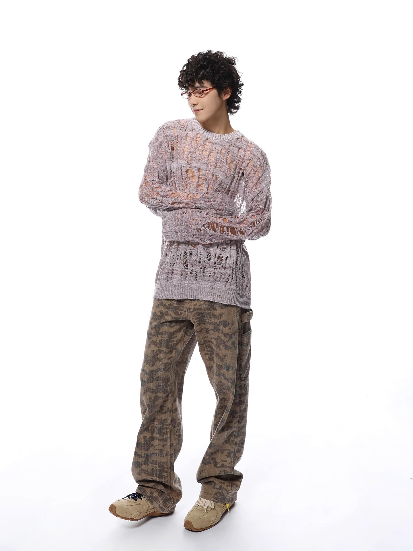 Polyester Open Mesh Crew Neck Sweater