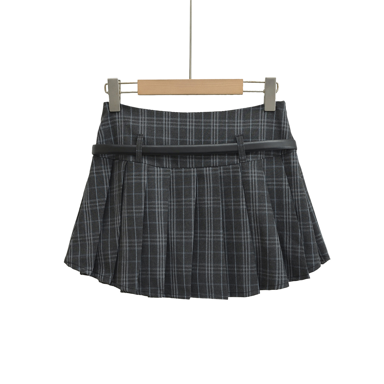 High Waist Slimming Small Plaid Belt Pleated Skirt Short Skirt