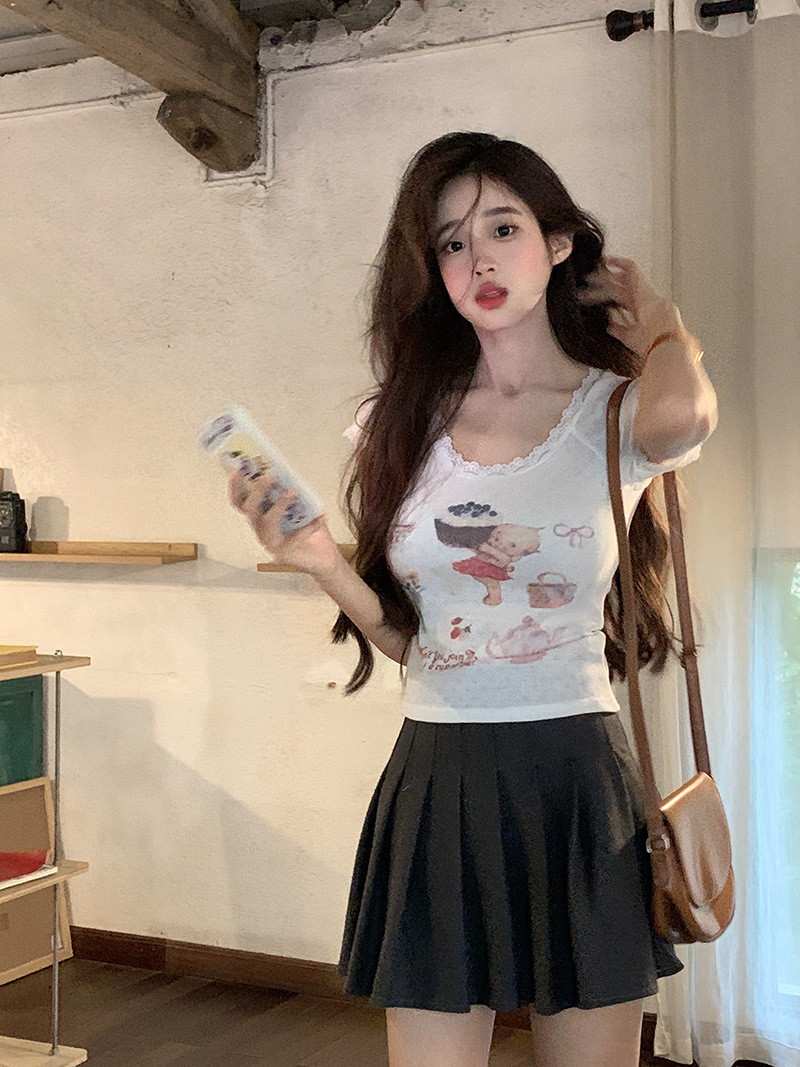 Lace lace slim fit short sleeved T-shirt