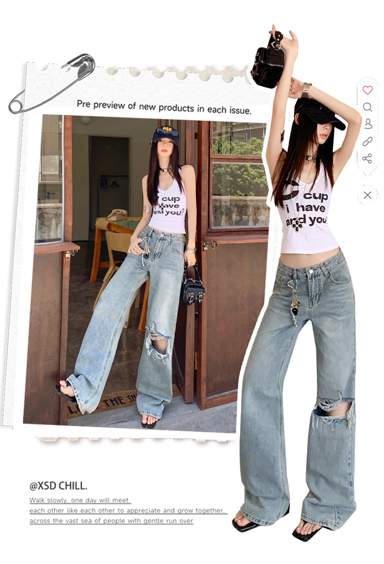 Light Blue Distressed Wide-Leg Jeans Women Retro Design Loose Straight Pants High Street
