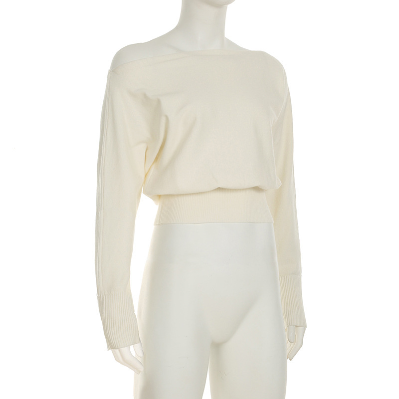 Asymmetric Neckline Fitted Solid Long Sleeve Sweater Top