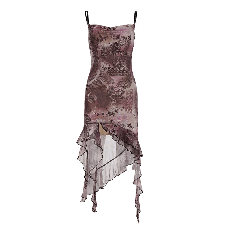 Vintage Print Irregular Hem Lace-Up Mesh Dress with Ruffle Edge and Strapless Design
