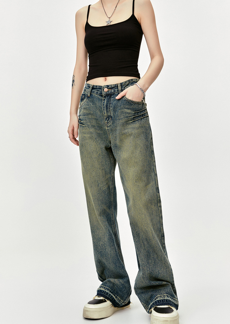 Washed Distressed Wide-Leg Long Jeans with Cuffed Hem