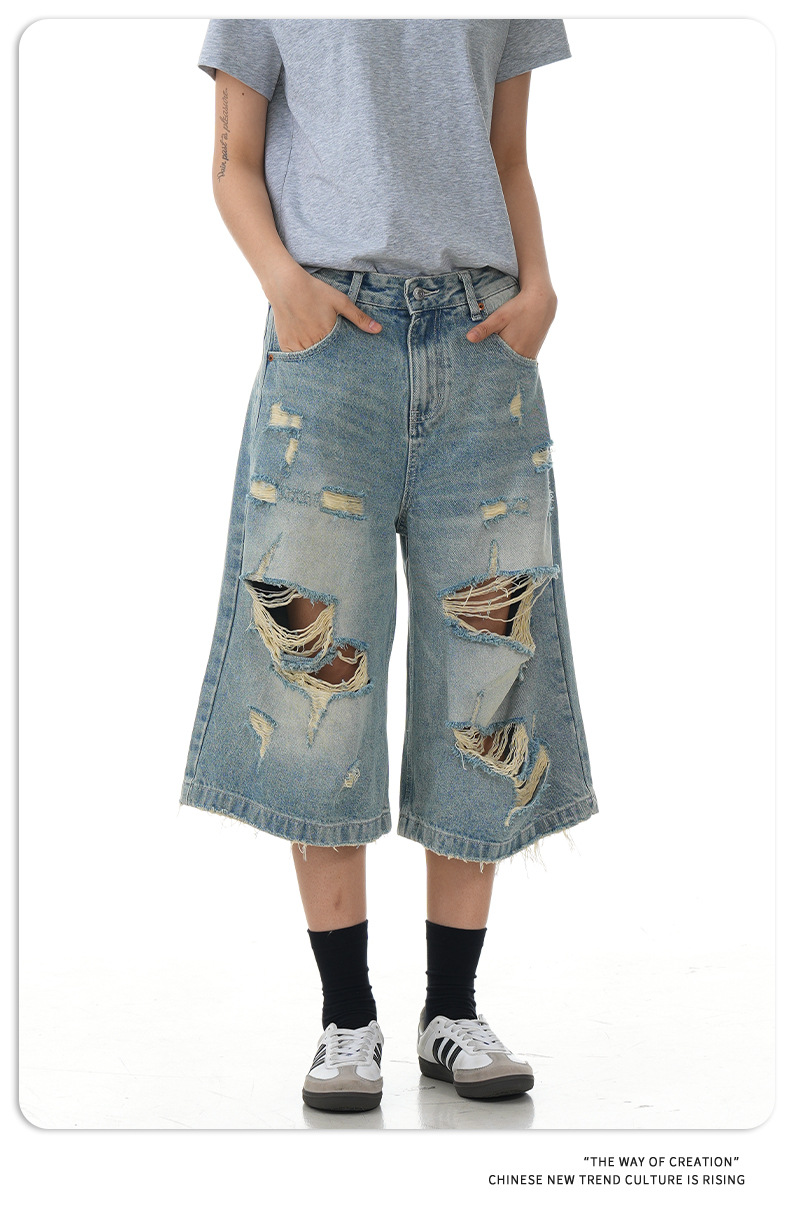 Design Seven-Quarter Denim Pants Washed Loose Straight Trendy Shorts