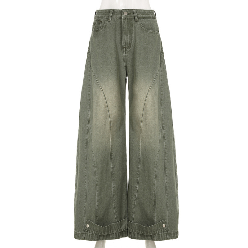 Washed curved knife women's autumn and winter loose fitting patchwork wide leg jeans