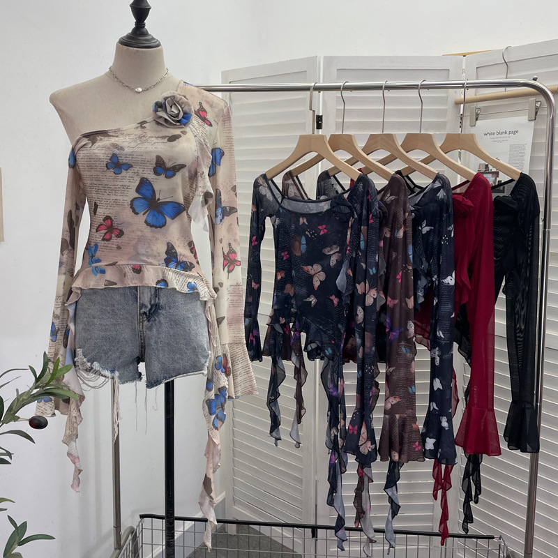 Asymmetric Pointed Floral Off-Shoulder Full Sleeve Top