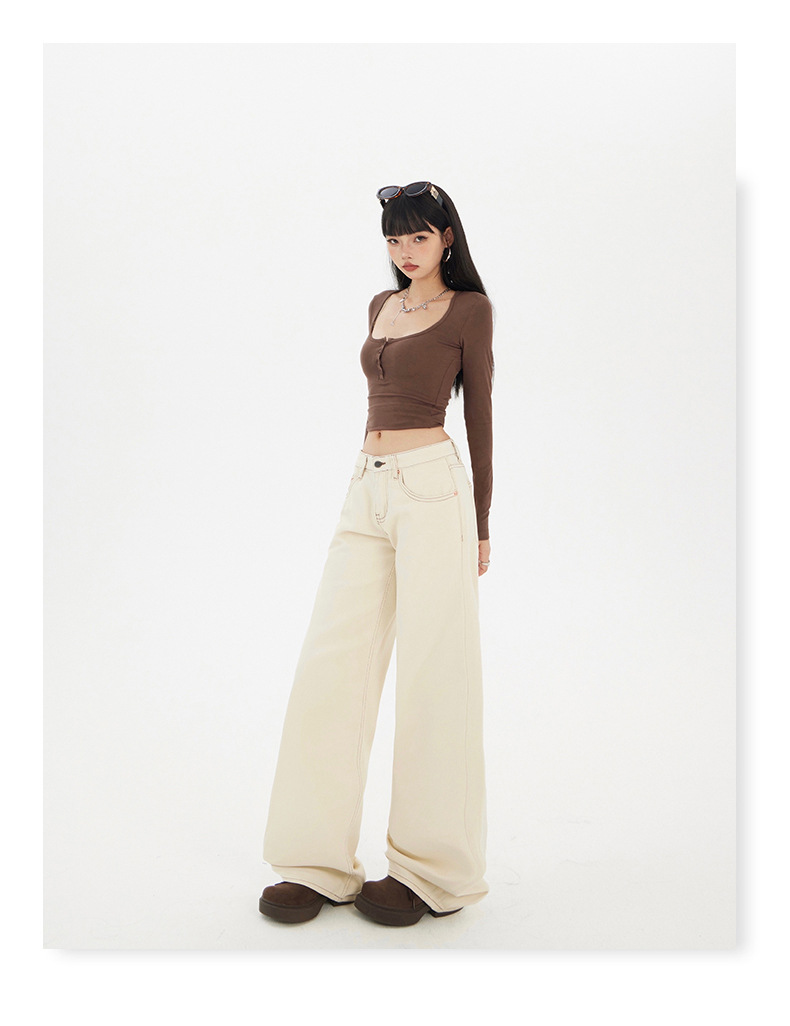 Women's Apricot Wide-Leg Jeans Slimming Versatile Low-Waist Floor-Length Straight Pants