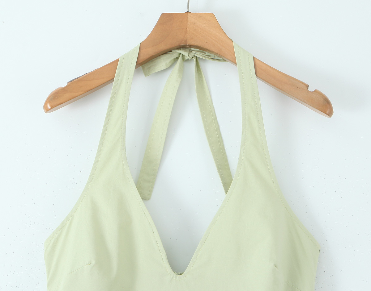 Sleeveless Strap-Neck Cotton Solid Fresh Flared Mid-Rise Dress