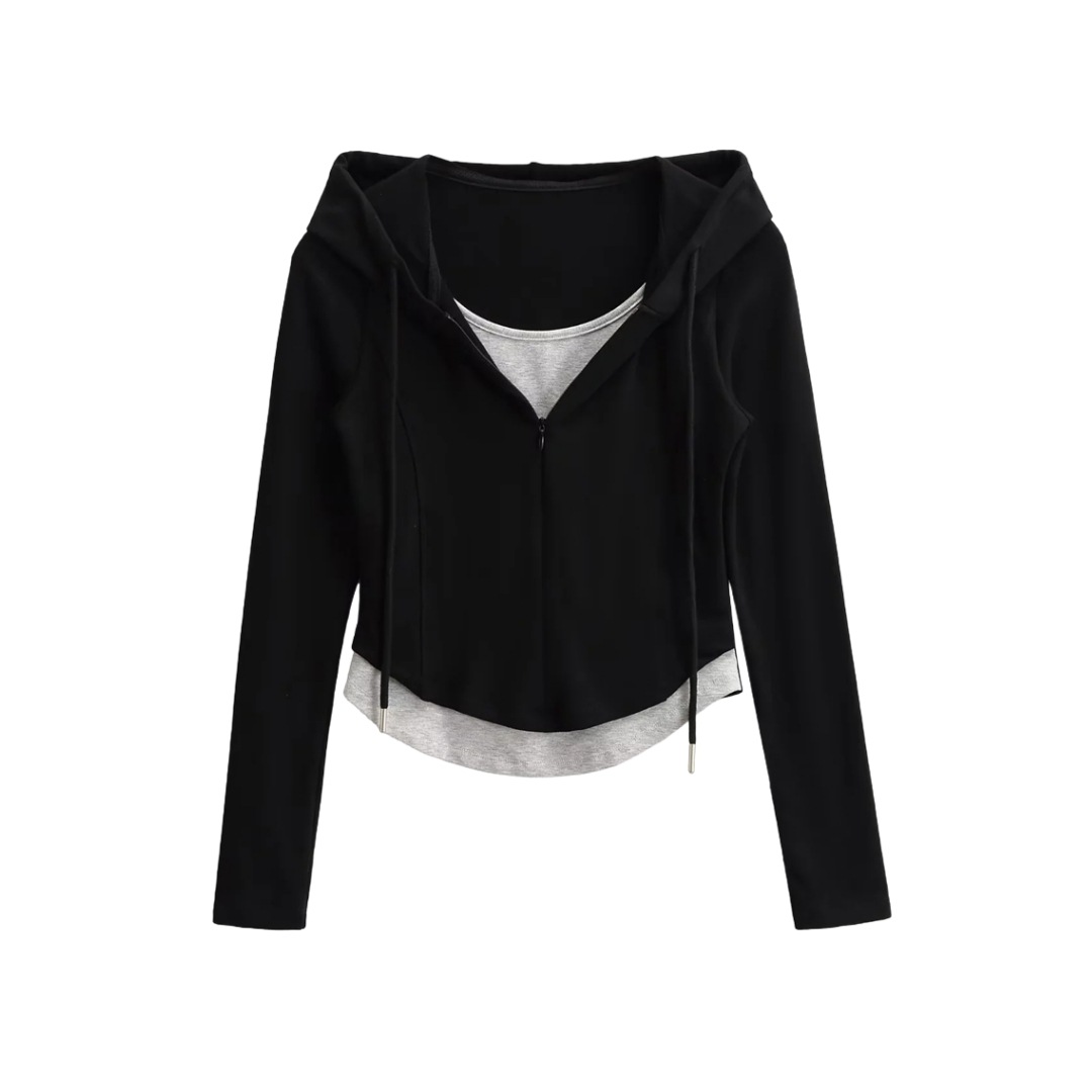 Layered Asymmetric Crop Hoodie - Cord & Concealed Zip