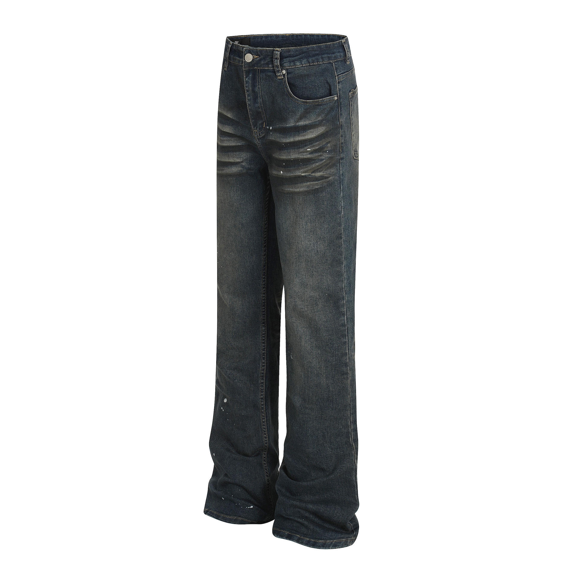 Street Style Unisex High-End Vintage Catwhisker Wash Splatter Design Slim Fit Flared Casual Denim Pants