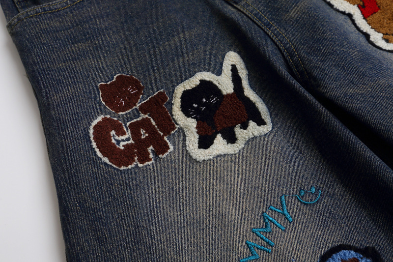 Vintage Cartoon Towel Embroidery Washed Knife-Edge Jeans Men Autumn Pendant Design Loose Wide-Leg Pants