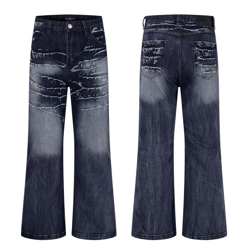 Retro Washed Lightning Pattern Men's Long Pants, INS Autumn Trendy Streetwear, Cool and Versatile Slightly Flared Jeans