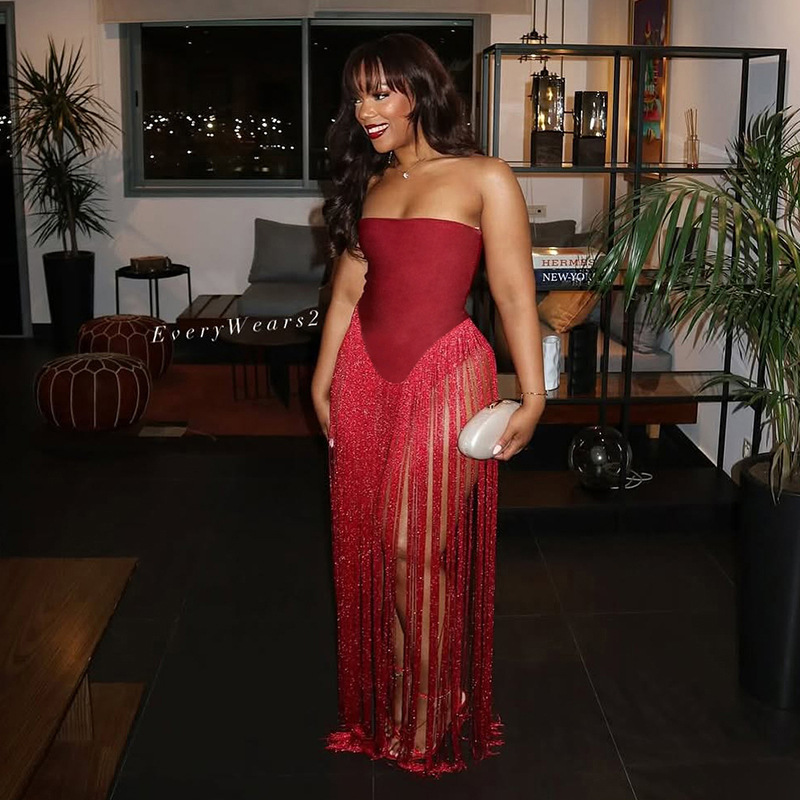 Raised-Waist Open Back Bandeau Fitted Tassel Jumpsuit
