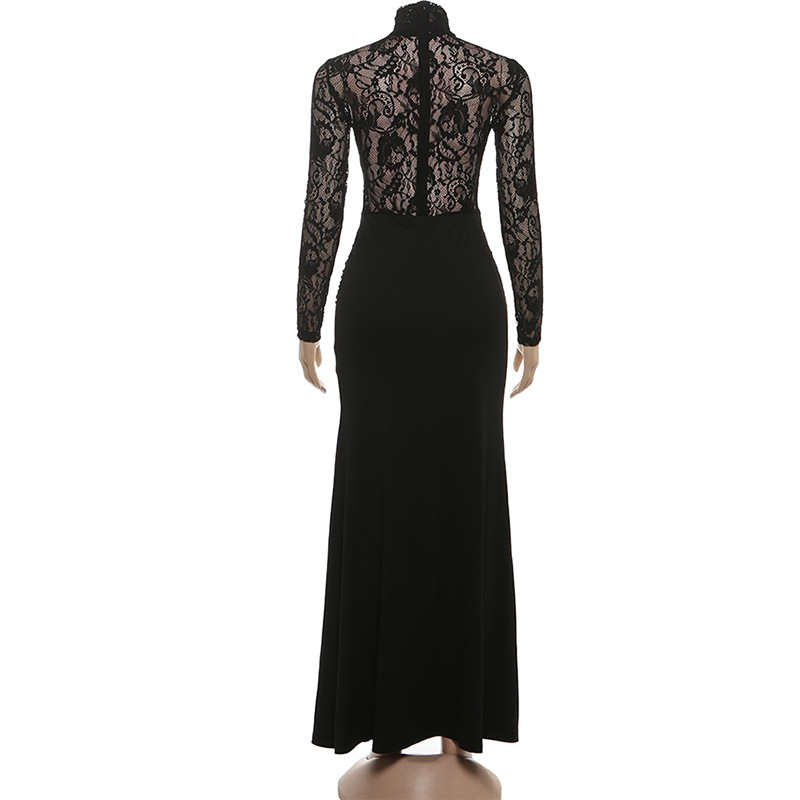 Sheer Cutout Full Sleeve Bodycon Mock Collar Dress