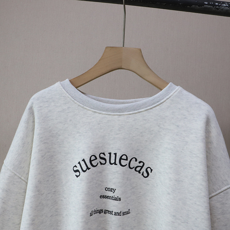 Casual Loose Fleece Lined Hoodie with Letter Print Round Neck Style Women's Sweatshirt