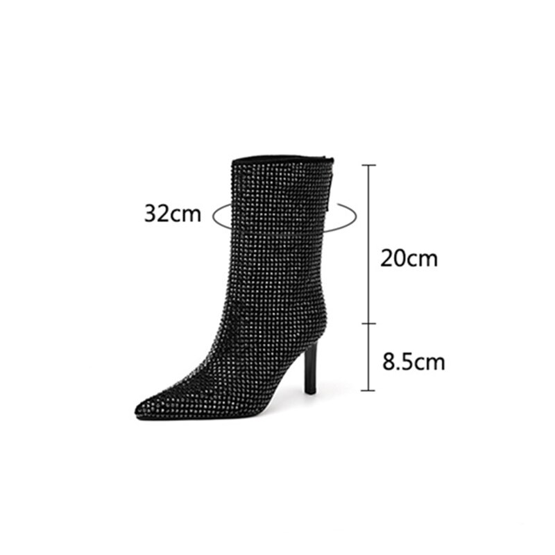 Women's Rhinestone High Heel Booties Fall New Pointed Toe Mid Boots 8.5cm High Heel Black Rhinestone Side Zipper Boots Size 39
