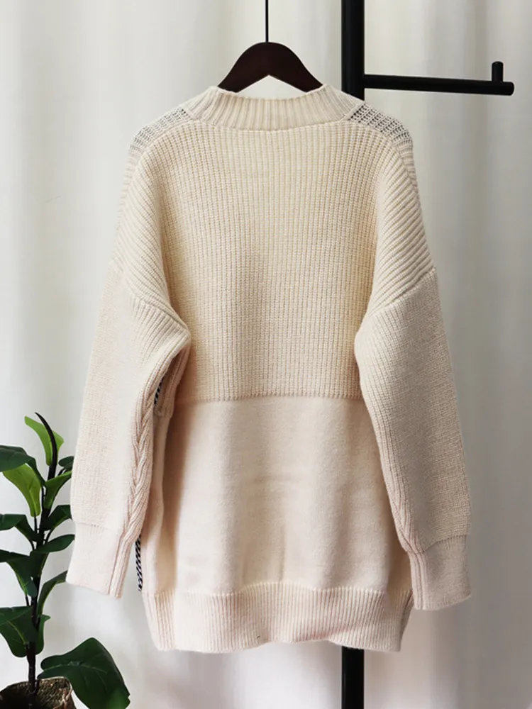 Retro Vee Collar Jean Pieced Knit Full-Sleeved Cardigan