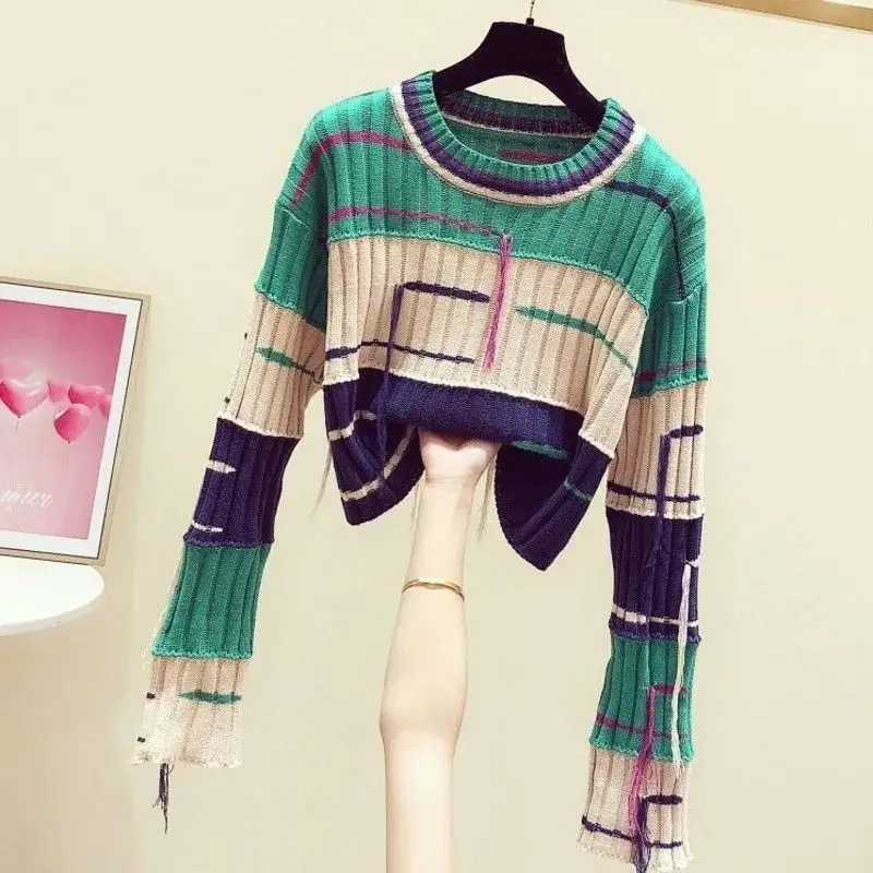 Ladies Colorblock Fringe Crew Collar Sweater