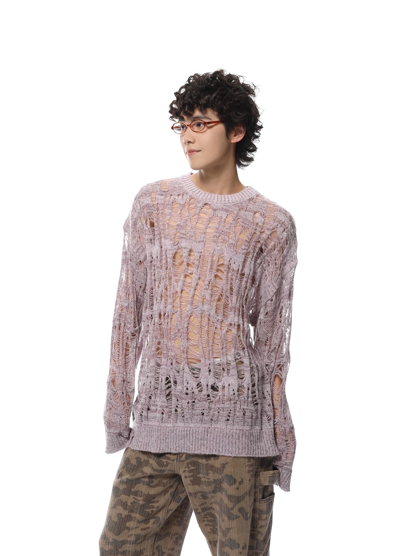Polyester Open Mesh Crew Neck Sweater