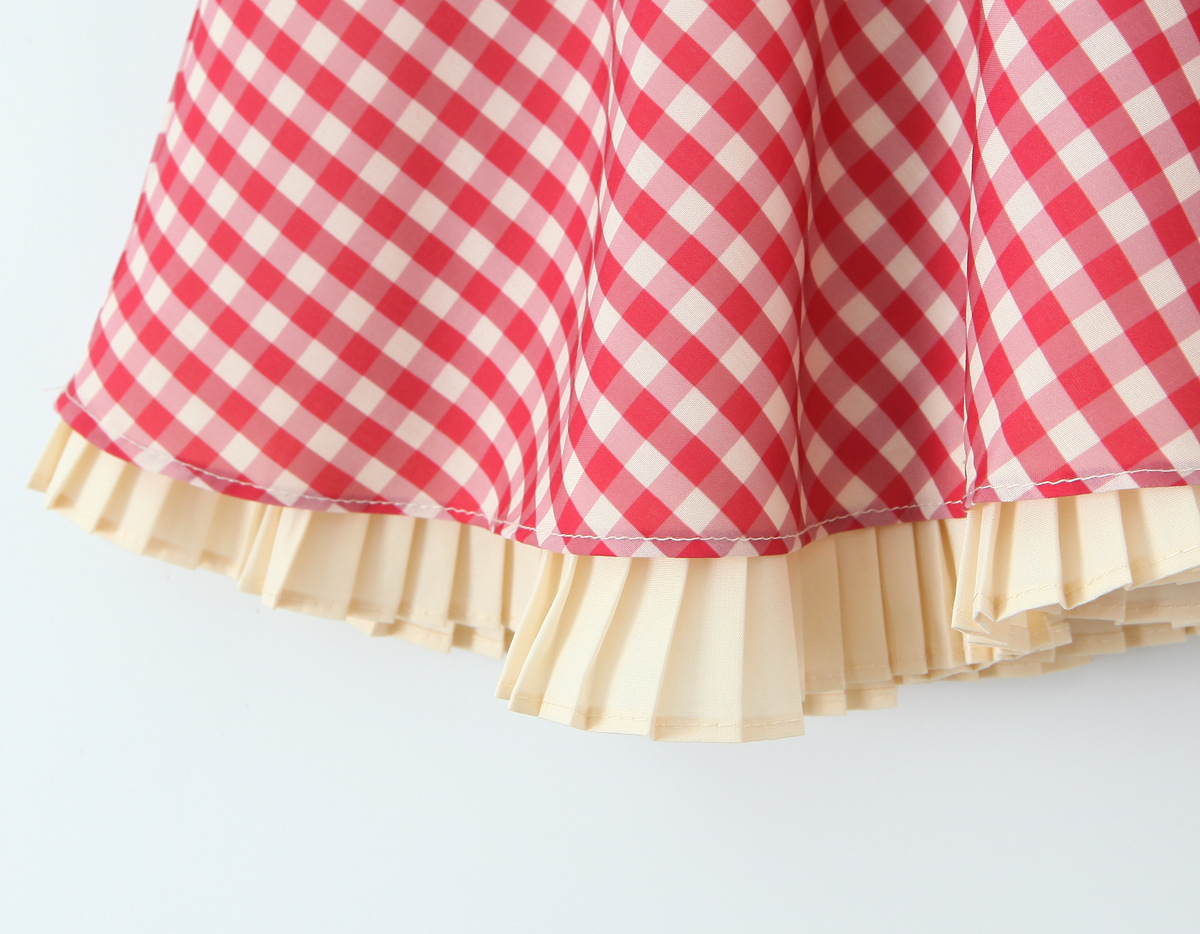 Sweet Red Plaid Single-Breasted Heart Pocket Halter Mini Dress