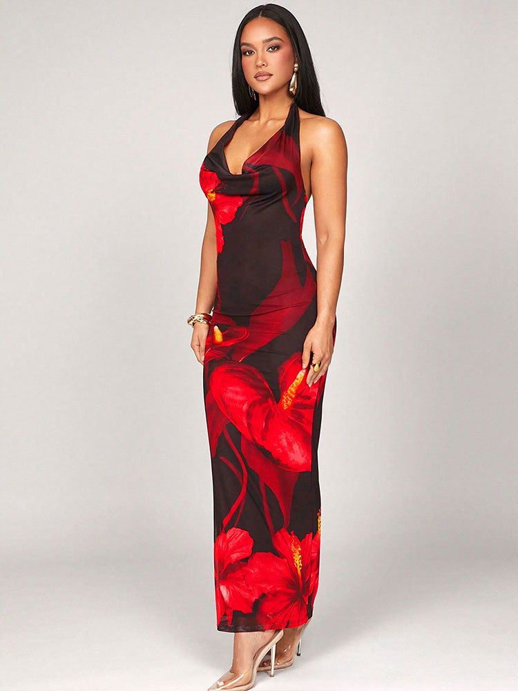 Polyester Round Collar Patterned Dress