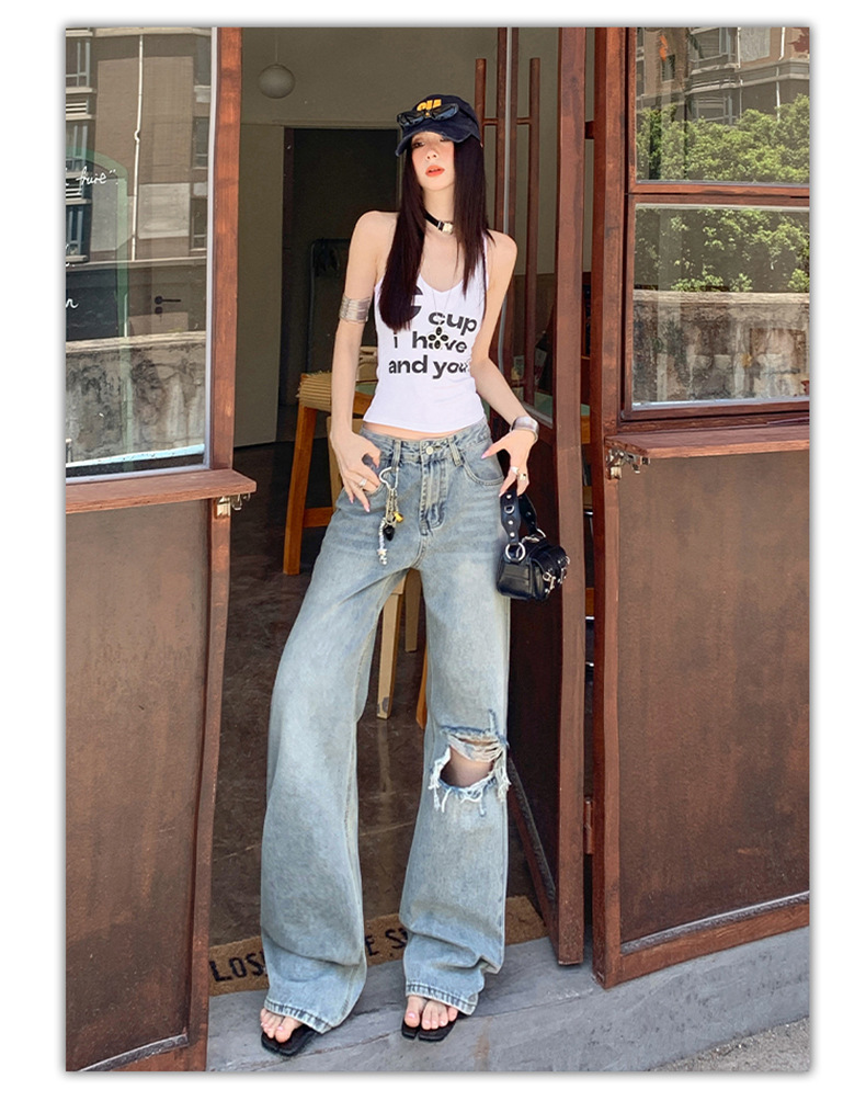 Light Blue Distressed Wide-Leg Jeans Women Retro Design Loose Straight Pants High Street