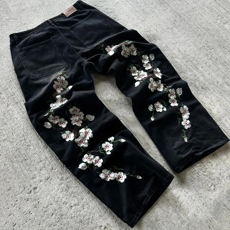 Floral Embroidery Design Denim Pants Street Hip-hop Pocket Wide-leg Pants Loose Long Pants Trendy