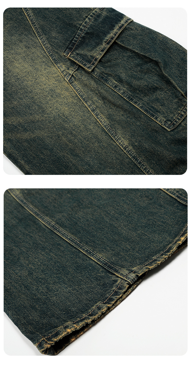 Blue Workwear Tapered Jeans for Men and Women with Multiple Pockets Loose Washed Banana Wide-Leg Long Pants