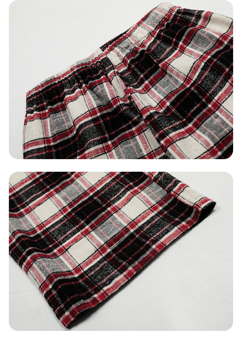 Block Red Plaid Drawstring Straight Casual Pants Unisex Pure Cotton Lazy Style Slimming Long Trousers