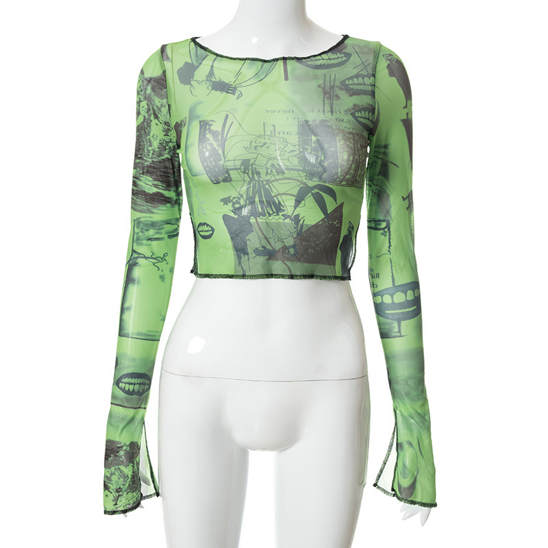 Round neck long sleeved printed top with exposed navel and side opening casual women's top
