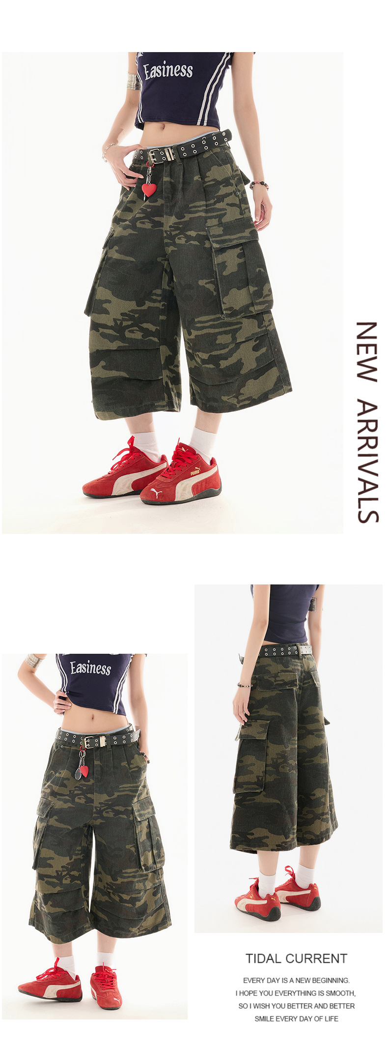 Women's Camouflage Cargo Capri Pants Slim Wide Leg Denim Trousers