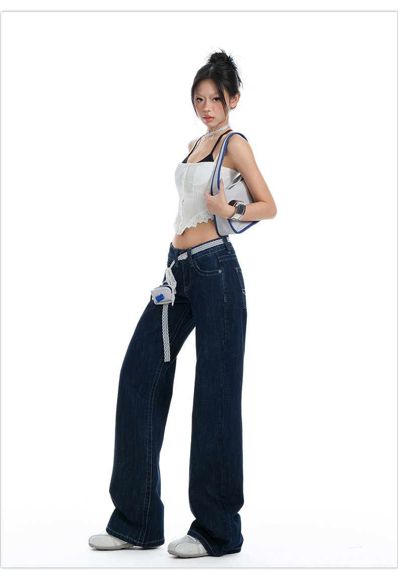 Women's Original Color Straight Leg Jeans Low Waist Slim Wide Leg Long Pants