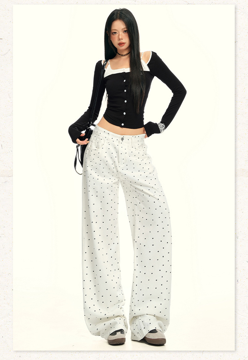 Women's Black and White Polka Dot Slimming Loose Straight Jeans High Waist Wide Leg Pants