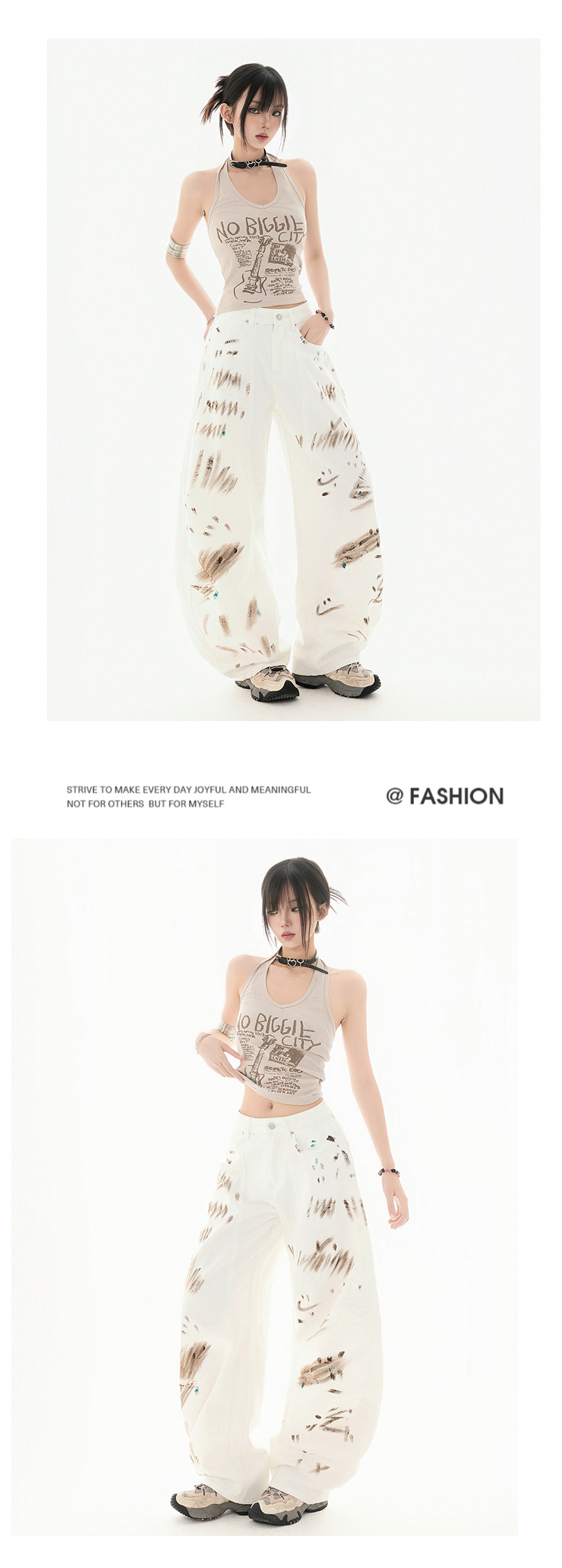 Graffiti White Jeans High-Waisted Unique Design Loose Wide-Leg Knife-Edge Pants