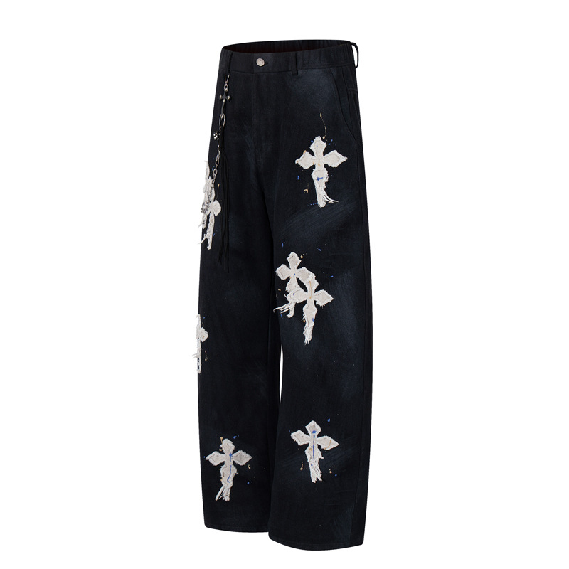 Street Style Luxury Cross Patch Embroidery Color Splatter Hand-painted Straight Leg Hip-hop Loose Jeans