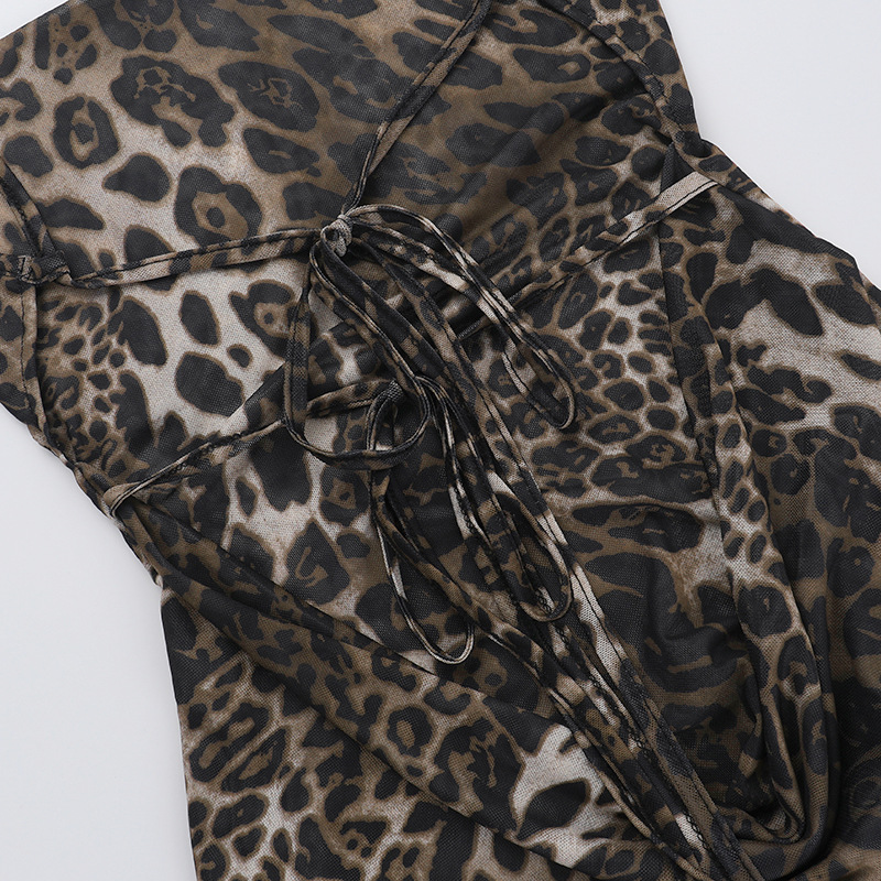 Hooded Sleeveless Leopard Print Open Back Polyester Dress