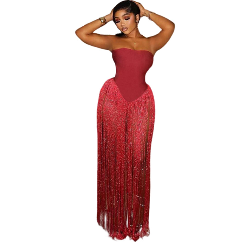Raised-Waist Open Back Bandeau Fitted Tassel Jumpsuit