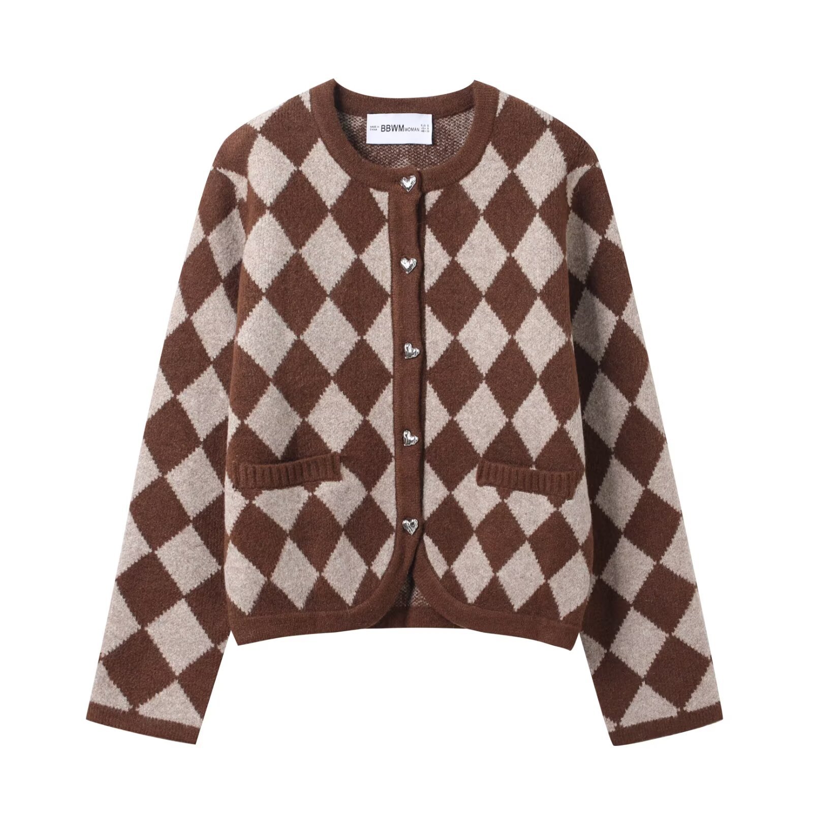 Diamond patterned jacquard knitted cardigan