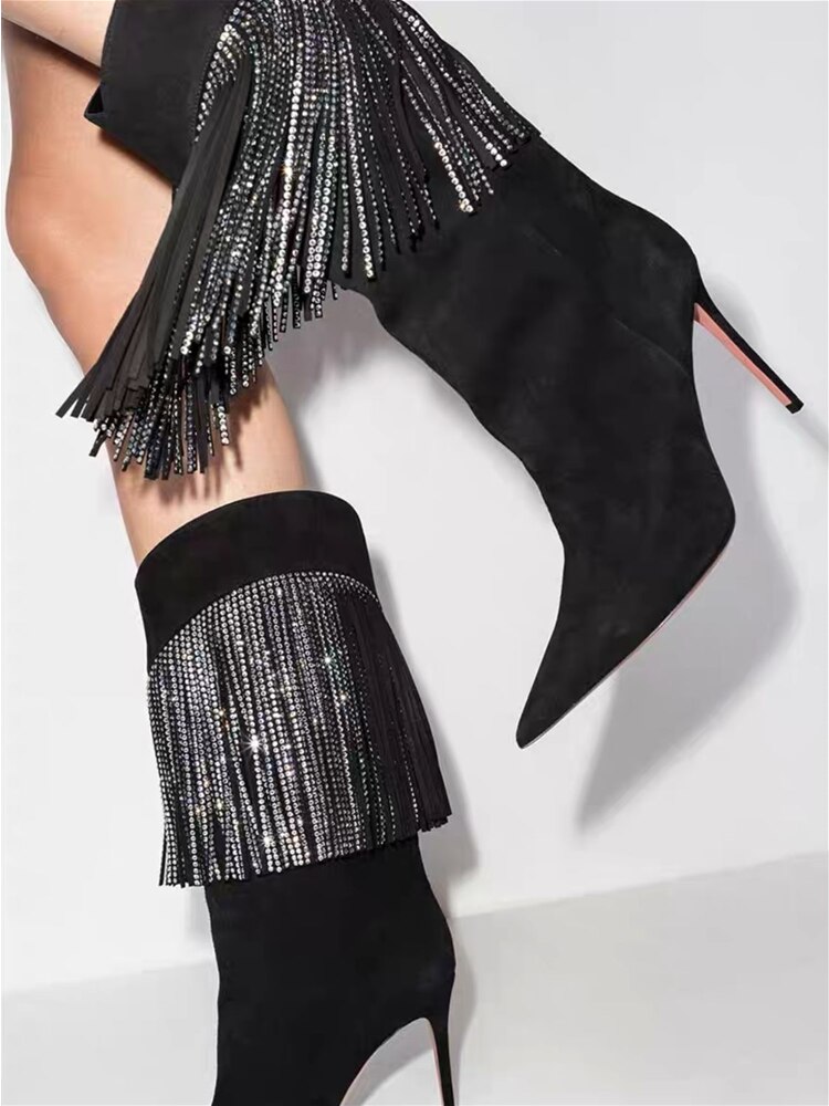 Autumn New Women's Pointed Toe Rhinestone Boots Silver Tassel Stiletto Suede Boots Black Super High Heels 34-43 Size