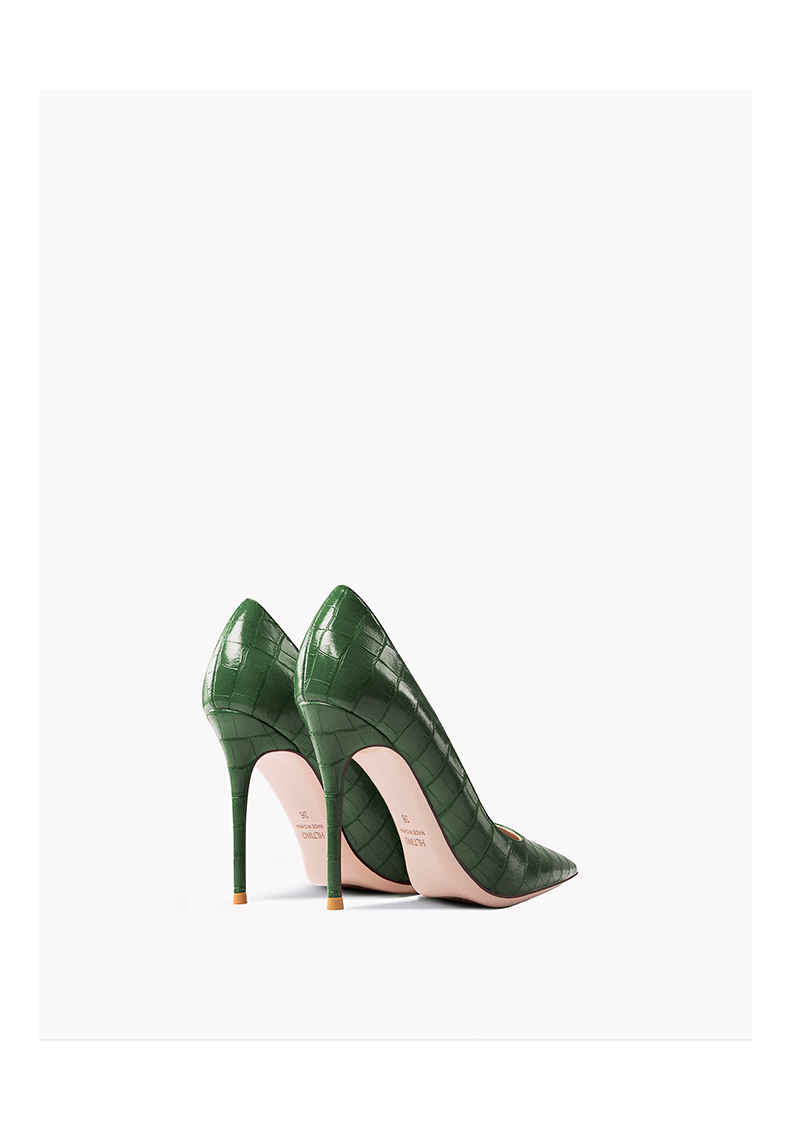 Early Autumn New Pointy High Heel Shoes Women's Thin Heel Shallow Patent Leather Single Shoes French Texture Large Green Shoes