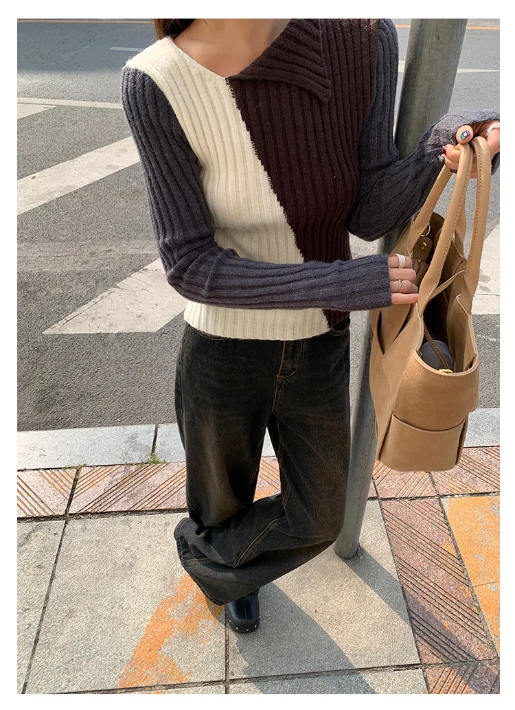 Ladies Viscose Fitted Crewneck Colorblock Cozy Sweater